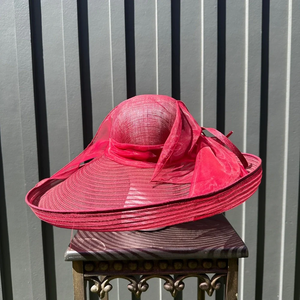 Something Special Cranberry Red Kentucky Derby Wide Brim Ribbon Bow Hat
